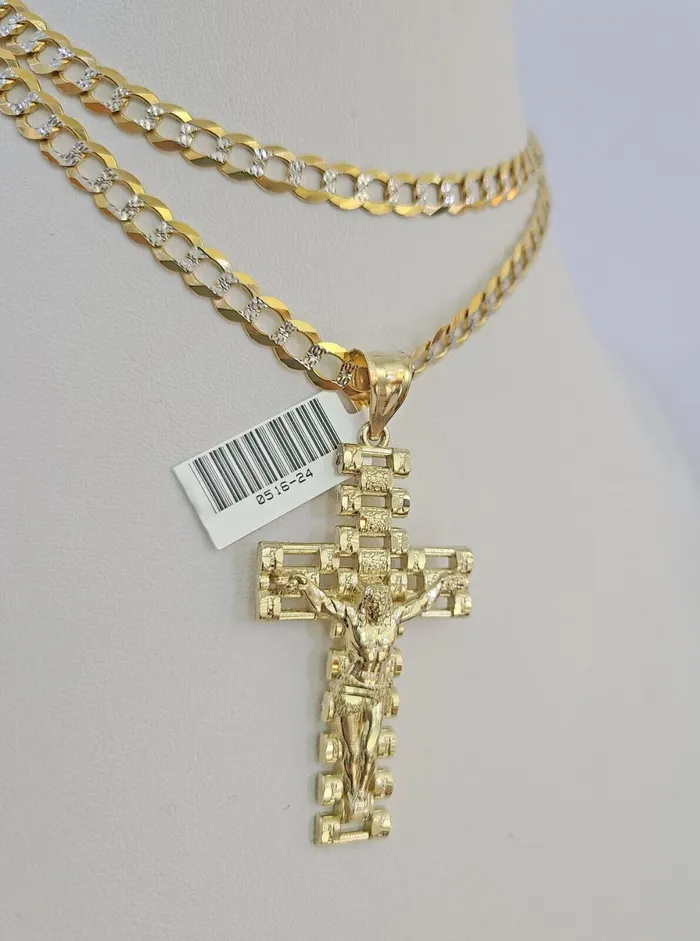 10k Solid Gold Cuban Curb Chain Jesus Cross Pendant 6mm 2030 SET Necklace Gold and Diamond Necklaces