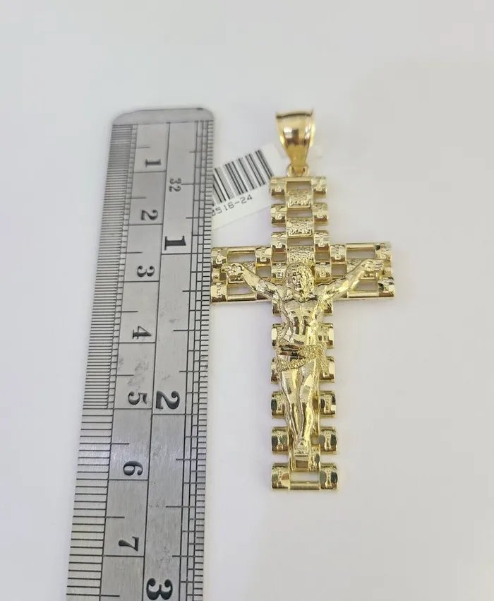 10k Solid Gold Cuban Curb Chain Jesus Cross Pendant 6mm 2030 SET Necklace Gold and Diamond Necklaces