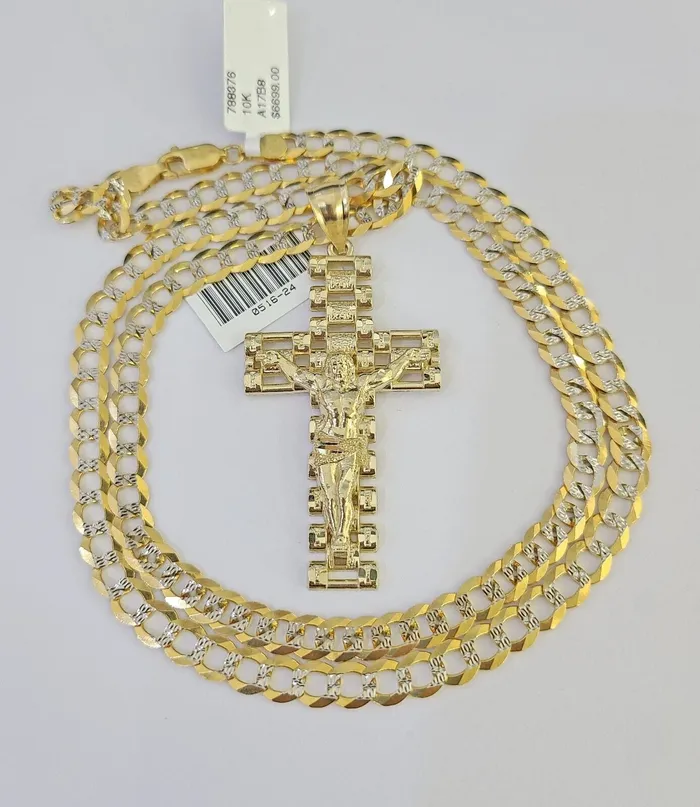 10k Solid Gold Cuban Curb Chain Jesus Cross Pendant 6mm 2030 SET Necklace Gold and Diamond Necklaces