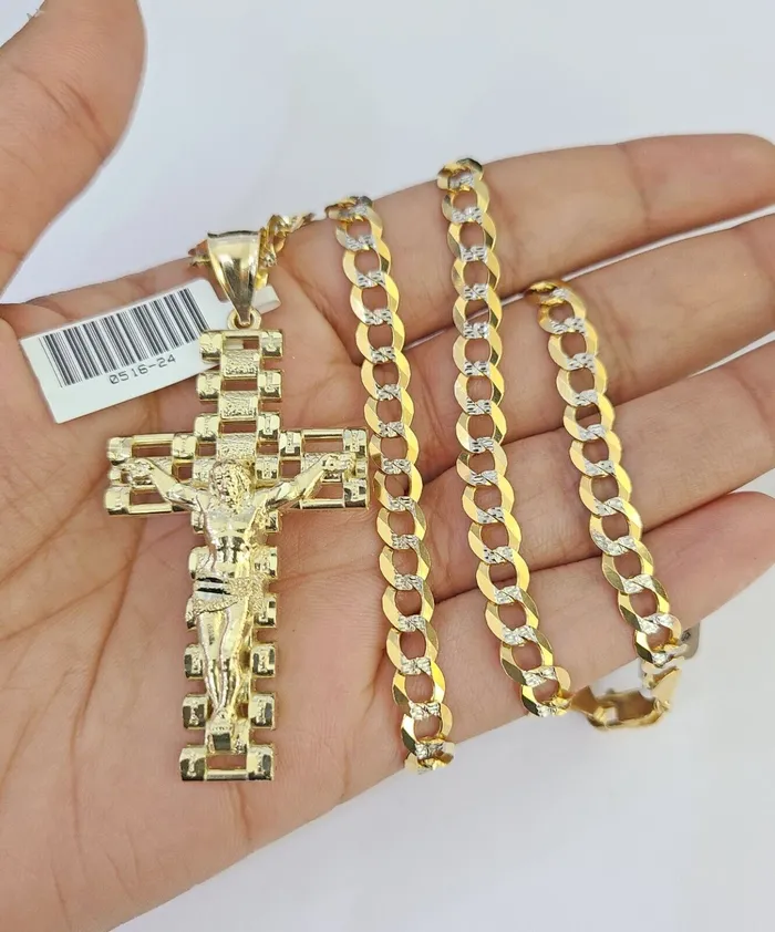 10k Solid Gold Cuban Curb Chain Jesus Cross Pendant 6mm 2030 SET Necklace Gold and Diamond Necklaces