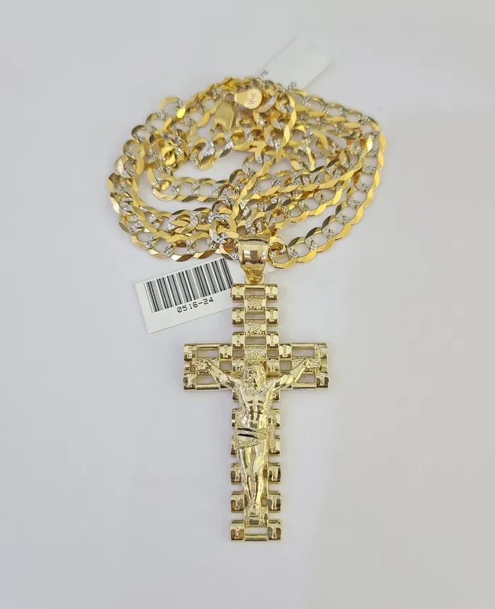 10k Solid Gold Cuban Curb Chain Jesus Cross Pendant 6mm 2030 SET Necklace Gold and Diamond Necklaces