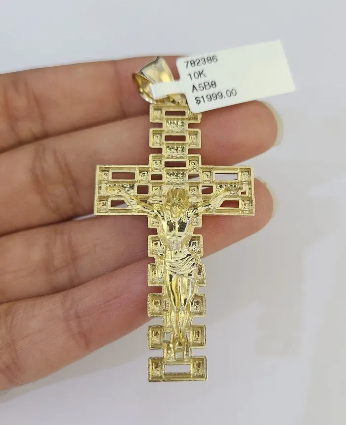 10k Solid Gold Cuban Curb Chain Jesus Cross Pendant 6mm 2030 SET Necklace Gold and Diamond Necklaces