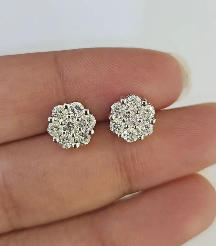 14k White Gold Flower Earrings Real Diamond ScrewBack Women Men Studs Gold and Diamond Earrings