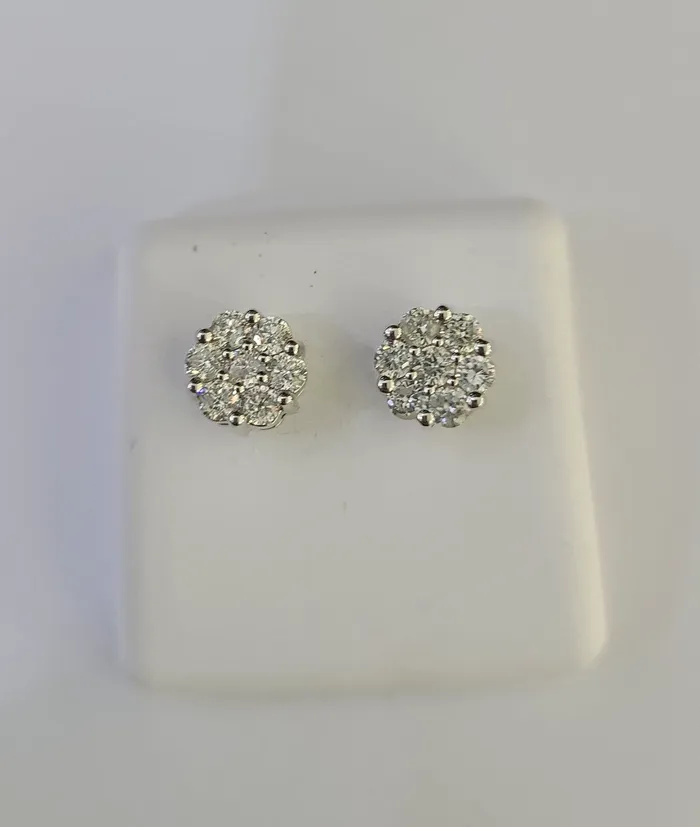 14k White Gold Flower Earrings Real Diamond ScrewBack Women Men Studs Gold and Diamond Earrings