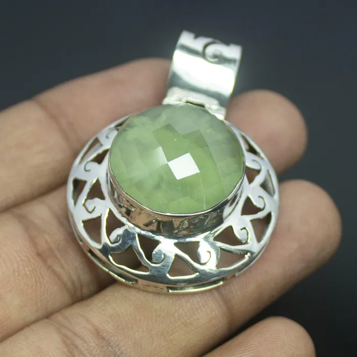 Beads Supplies USA Necklaces 137g Totally Handmade Natural Prehnite Round Shape 925 Sterling Silver Pendant