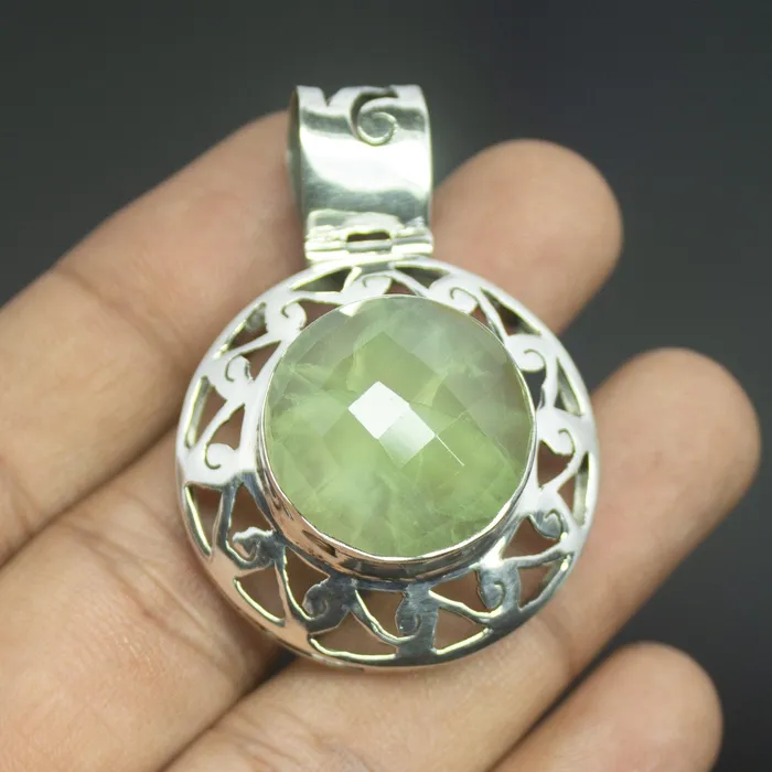 Beads Supplies USA Necklaces 137g Totally Handmade Natural Prehnite Round Shape 925 Sterling Silver Pendant