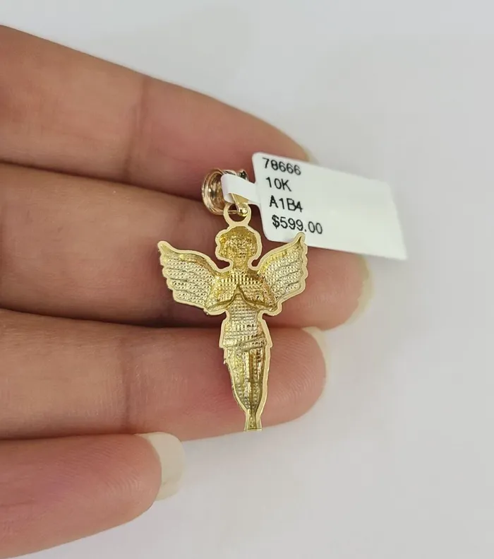 Charm Necklaces 10K Real Praying Angel Charm Pendant Yellow Gold Genuine 10Kt Gold and Diamond