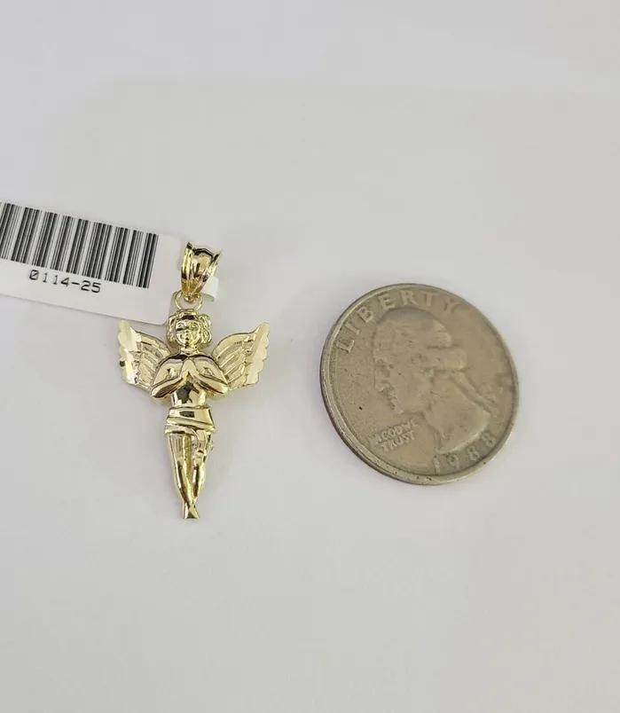 Charm Necklaces 10K Real Praying Angel Charm Pendant Yellow Gold Genuine 10Kt Gold and Diamond
