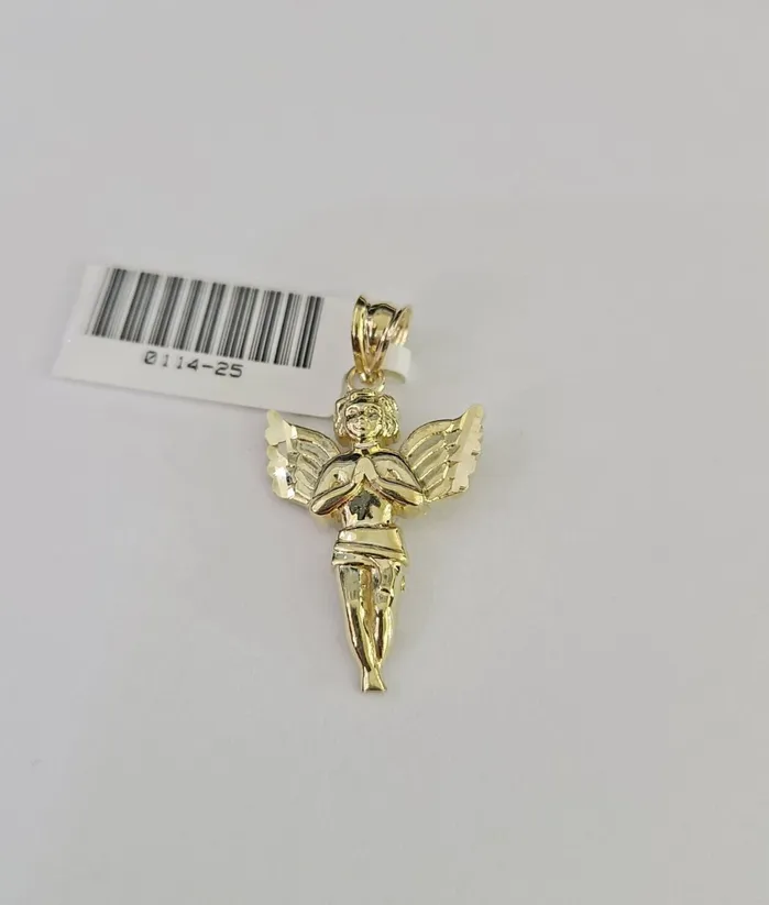 Charm Necklaces 10K Real Praying Angel Charm Pendant Yellow Gold Genuine 10Kt Gold and Diamond