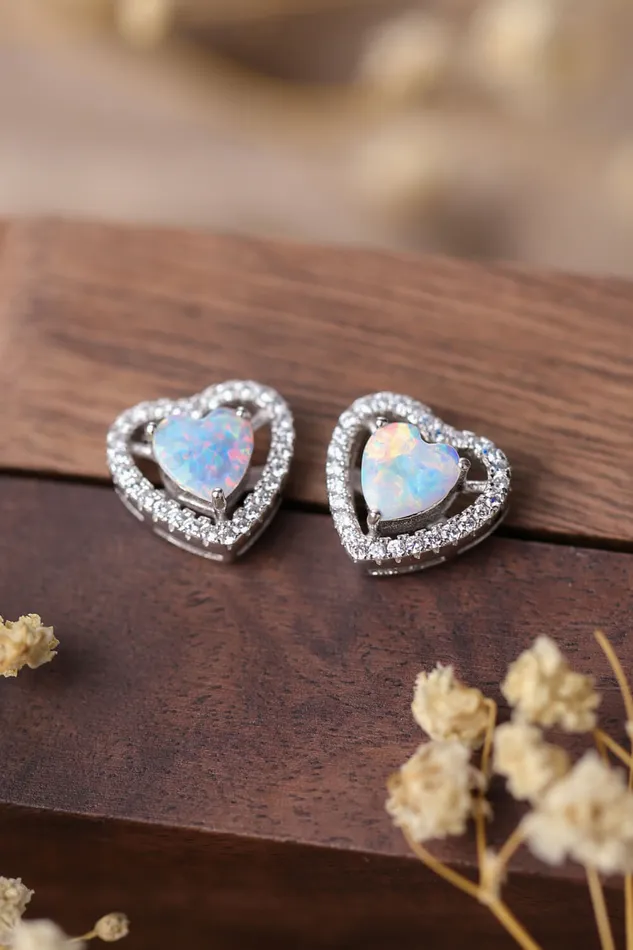 Earrings 925 Sterling Silver Opal Heart Stud Earrings Trendsi