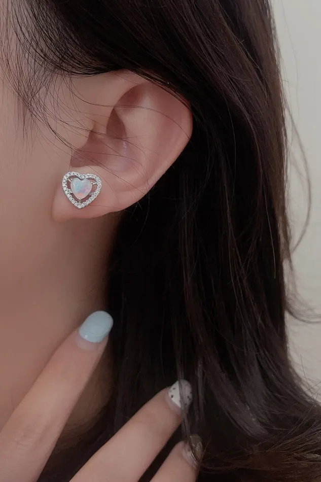 Earrings 925 Sterling Silver Opal Heart Stud Earrings Trendsi