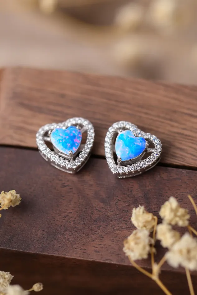 Earrings 925 Sterling Silver Opal Heart Stud Earrings Trendsi