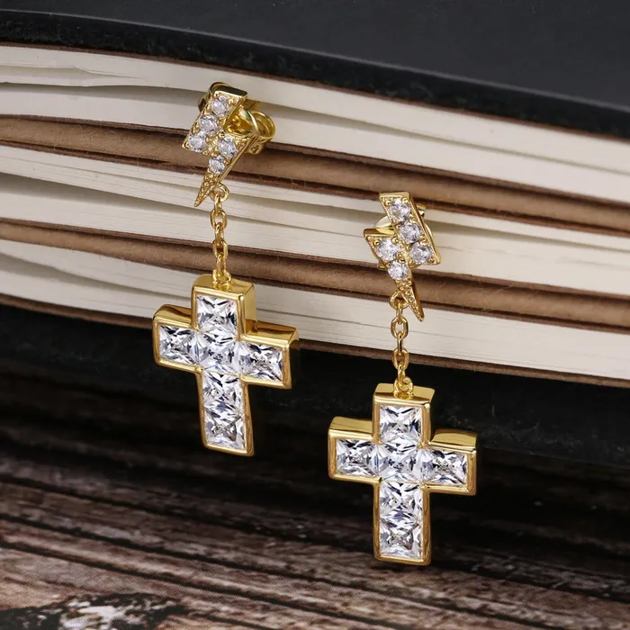Earrings KRKC The Freshness 925 Sterling Silver Diamond Flash Lightning Stud Earrings with Diamond Cross in 14K Gold