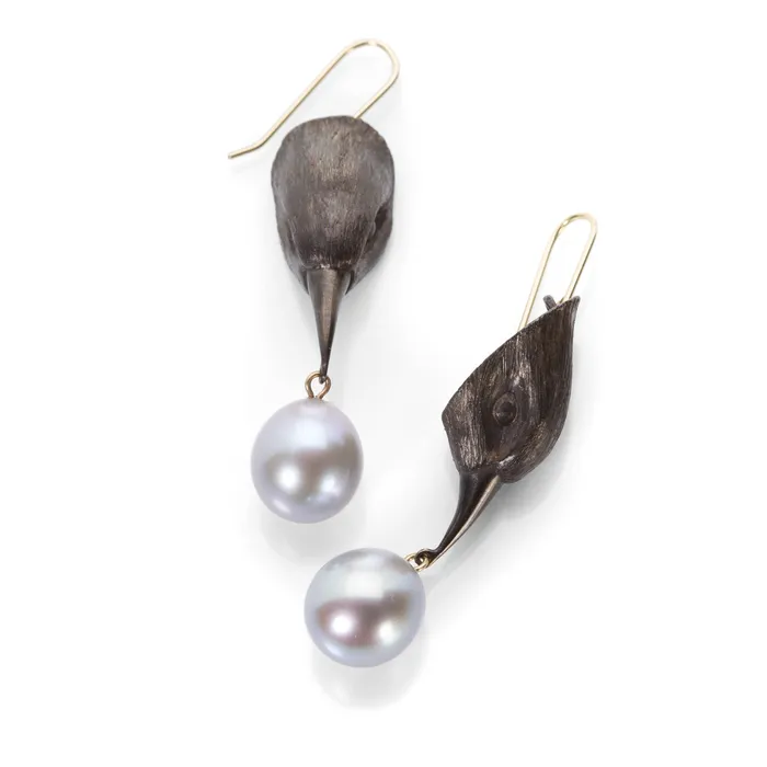 Gabriella Kiss Earrings Bird Head Earrings with Gray Pearl Drops