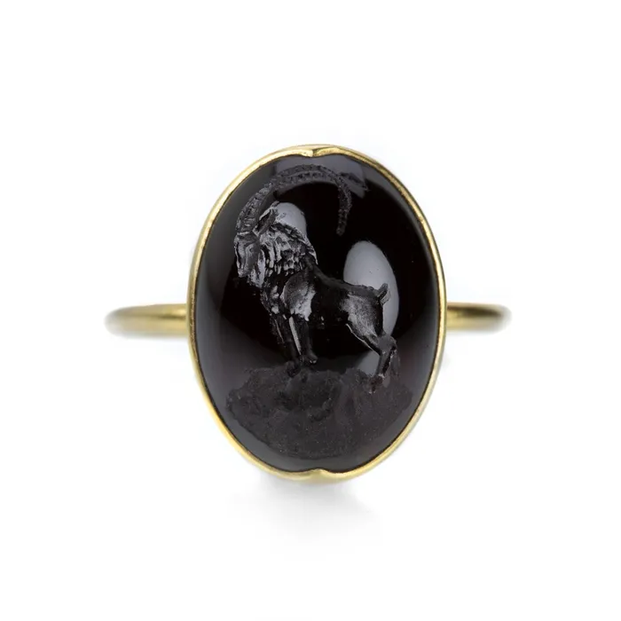 Gabriella Kiss Rings Garnet Cabochon Ring with Ibex Intaglio