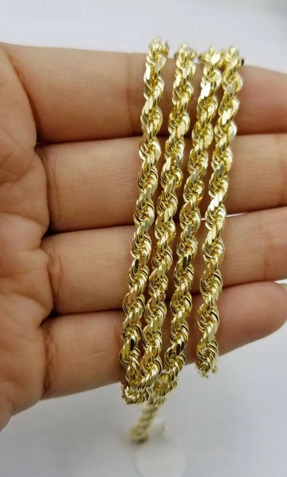 globalwatches10 10k Real Gold Rope Chain For Men SOLID 5mm 24 Inch Diamond Cut On Sale Necklaces