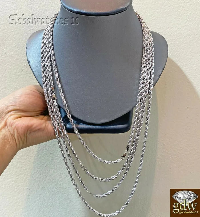 Gold and Diamond 10k White Gold Rope Chain 2228 Inch 5mm Necklace Men Women Real Gold Lobster c Necklaces