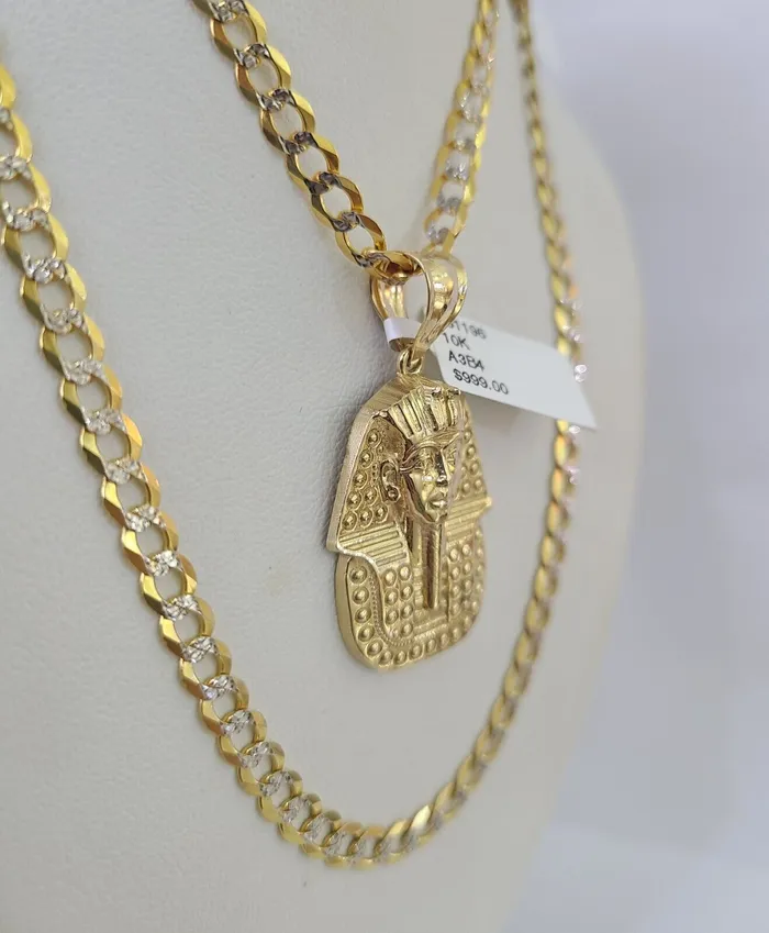 Gold and Diamond Necklaces 10k Gold Chain Pharaoh Charm Solid Cuban Curb 5mm 1828 Inch SET Necklace