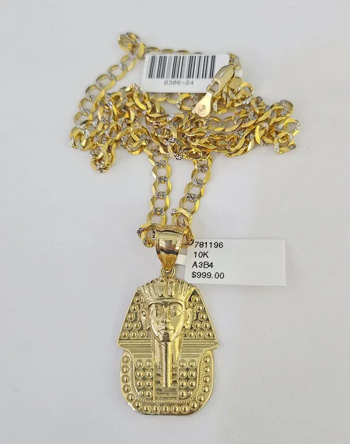 Gold and Diamond Necklaces 10k Gold Chain Pharaoh Charm Solid Cuban Curb 5mm 1828 Inch SET Necklace