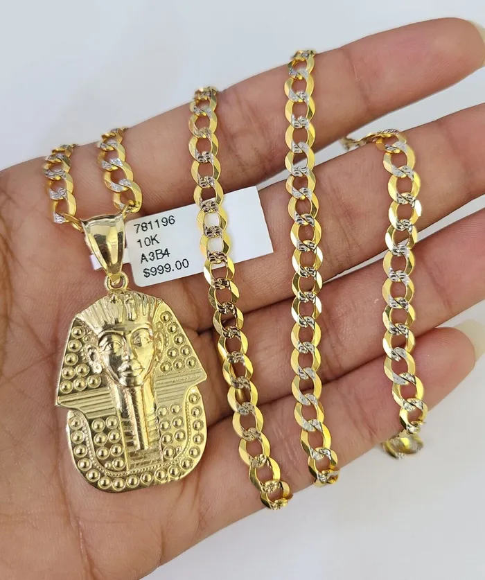 Gold and Diamond Necklaces 10k Gold Chain Pharaoh Charm Solid Cuban Curb 5mm 1828 Inch SET Necklace