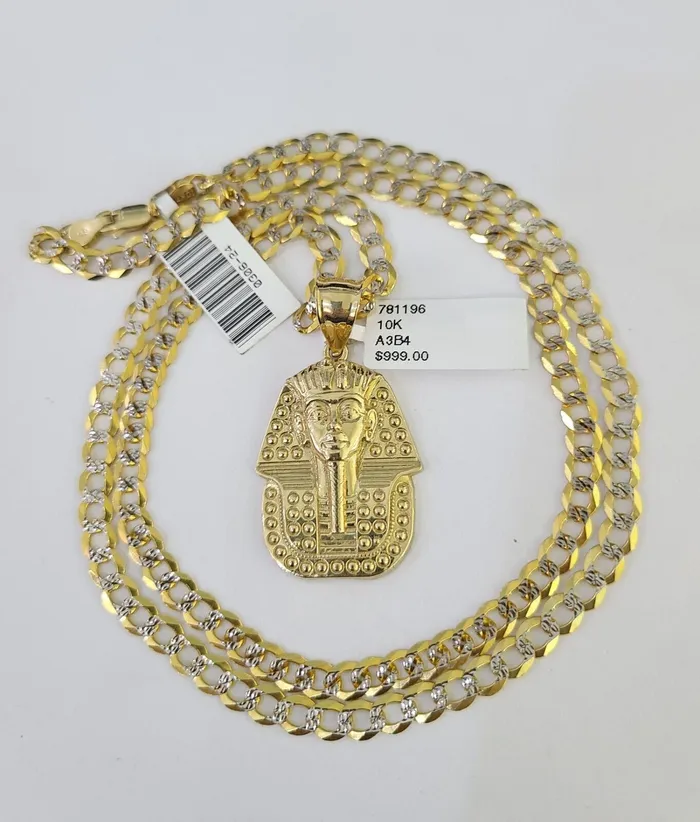 Gold and Diamond Necklaces 10k Gold Chain Pharaoh Charm Solid Cuban Curb 5mm 1828 Inch SET Necklace