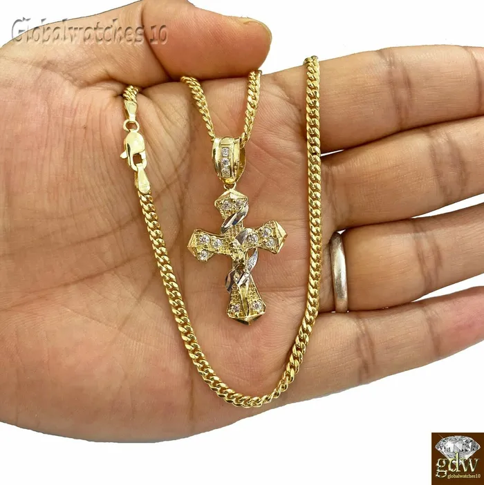 Gold and Diamond Necklaces 10k Gold Men Cross Charm Pendant Miami Cuban Rope Chain 20 22 24 26 Inch