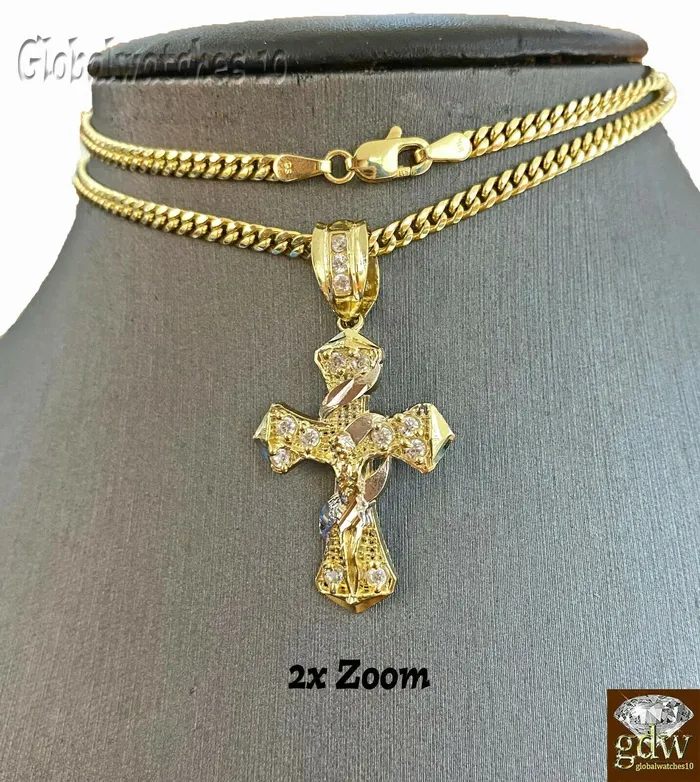 Gold and Diamond Necklaces 10k Gold Men Cross Charm Pendant Miami Cuban Rope Chain 20 22 24 26 Inch
