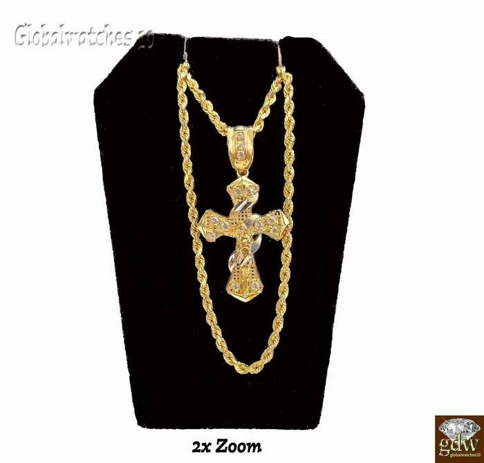 Gold and Diamond Necklaces 10k Gold Men Cross Charm Pendant Miami Cuban Rope Chain 20 22 24 26 Inch