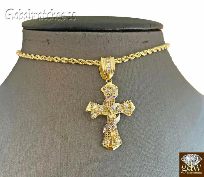 Gold and Diamond Necklaces 10k Gold Men Cross Charm Pendant Miami Cuban Rope Chain 20 22 24 26 Inch