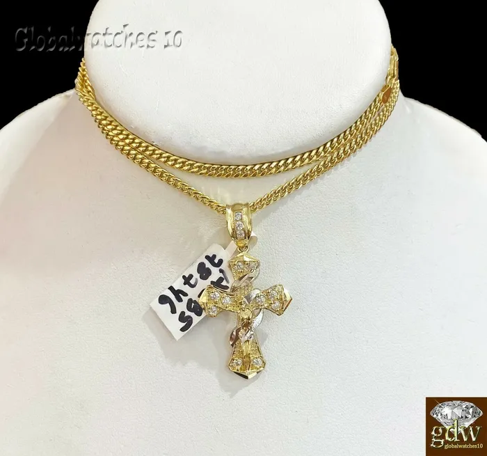 Gold and Diamond Necklaces 10k Gold Men Cross Charm Pendant Miami Cuban Rope Chain 20 22 24 26 Inch