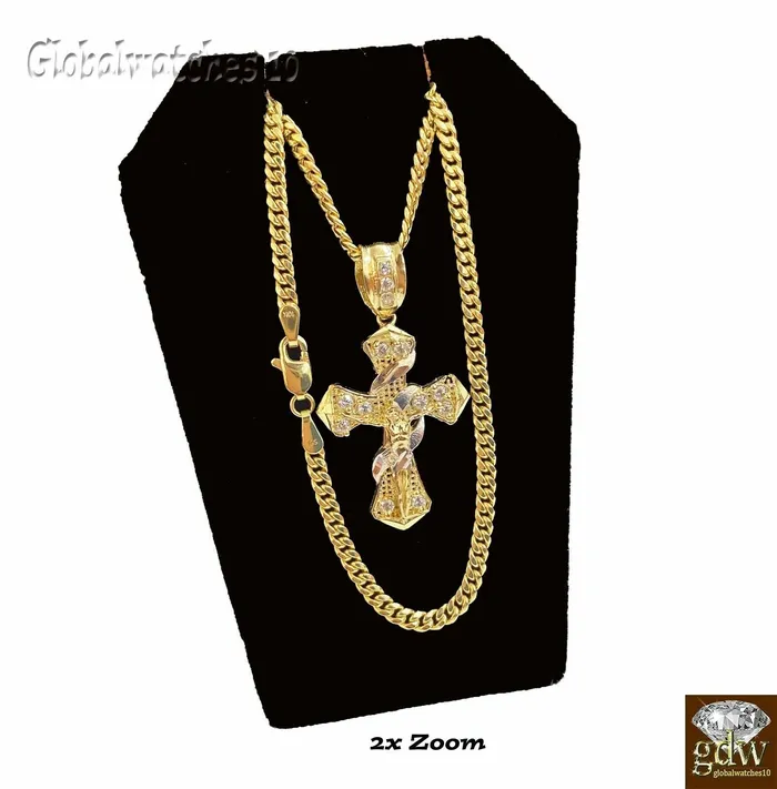 Gold and Diamond Necklaces 10k Gold Men Cross Charm Pendant Miami Cuban Rope Chain 20 22 24 26 Inch