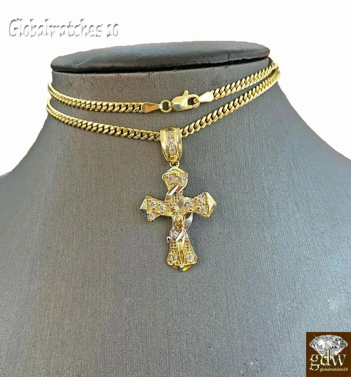Gold and Diamond Necklaces 10k Gold Men Cross Charm Pendant Miami Cuban Rope Chain 20 22 24 26 Inch