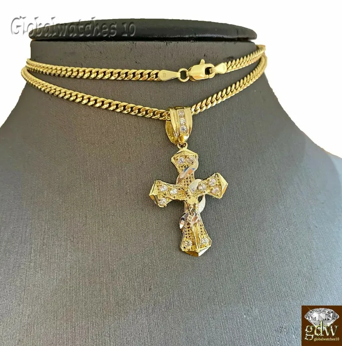 Gold and Diamond Necklaces 10k Gold Men Cross Charm Pendant Miami Cuban Rope Chain 20 22 24 26 Inch