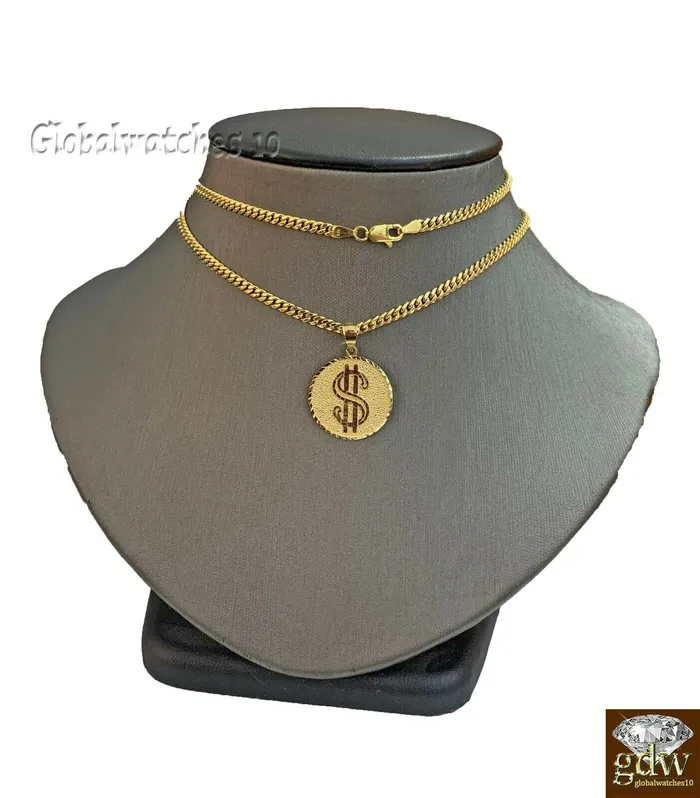 Gold and Diamond Necklaces 10k Gold Round Dollar Sign Pendant with Miami Cuban Chain in various Length Real Gold and Diamond Necklaces 10k Gold Round Dollar Sign Pendant with Miami Cuban Chain in various Length Real
