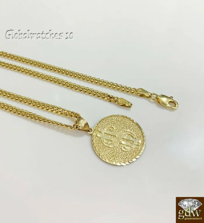 Gold and Diamond Necklaces 10k Gold Round Dollar Sign Pendant with Miami Cuban Chain in various Length Real