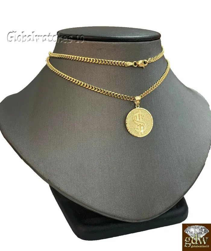 Gold and Diamond Necklaces 10k Gold Round Dollar Sign Pendant with Miami Cuban Chain in various Length Real