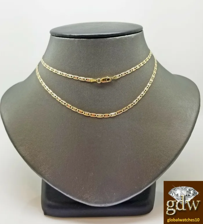 Gold and Diamond Necklaces Real TrioGold Women Link Chain with Diamond Cuts and 24 Inches Lobster Clasp
