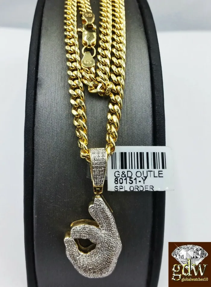 Gold and Diamond Real 10k Yellow Gold and Diamond Ok Hand Emoji Charm with 24 Miami Cuban Chain Charm Necklaces Gold and Diamond Real 10k Yellow Gold and Diamond Ok Hand Emoji Charm with 24 Miami Cuban Chain Charm Necklaces