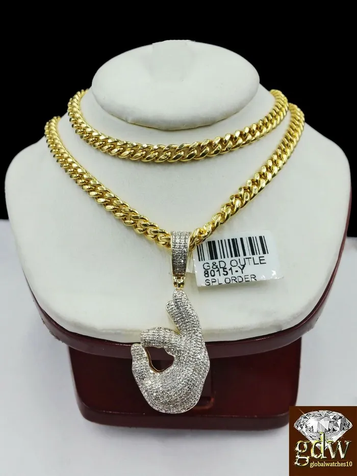 Gold and Diamond Real 10k Yellow Gold and Diamond Ok Hand Emoji Charm with 24 Miami Cuban Chain Charm Necklaces