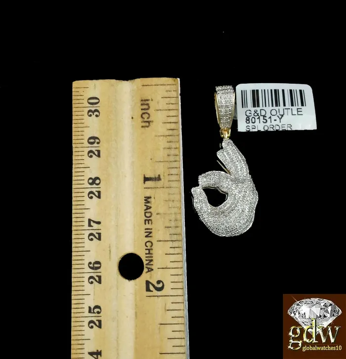Gold and Diamond Real 10k Yellow Gold and Diamond Ok Hand Emoji Charm with 24 Miami Cuban Chain Charm Necklaces