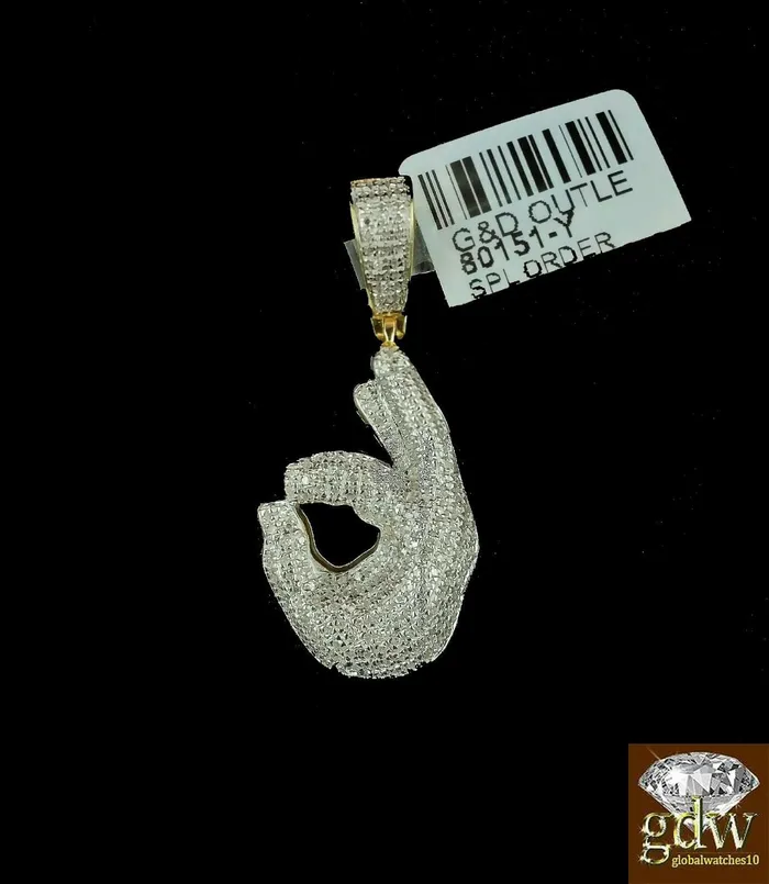 Gold and Diamond Real 10k Yellow Gold and Diamond Ok Hand Emoji Charm with 24 Miami Cuban Chain Charm Necklaces