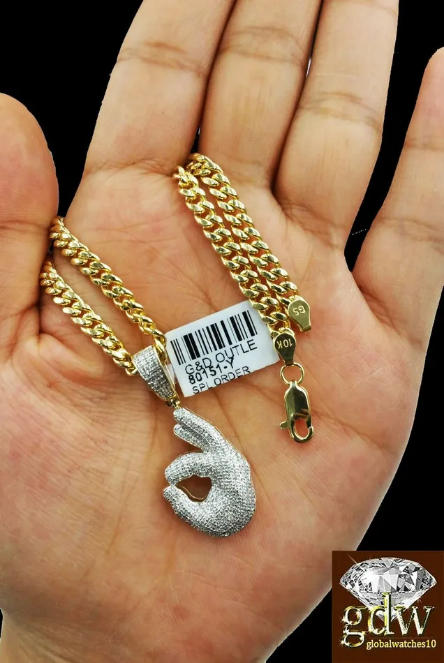 Gold and Diamond Real 10k Yellow Gold and Diamond Ok Hand Emoji Charm with 24 Miami Cuban Chain Charm Necklaces