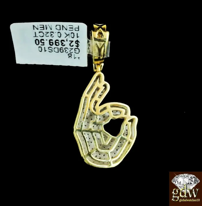 Gold and Diamond Real 10k Yellow Gold and Diamond Ok Hand Emoji Charm with 24 Miami Cuban Chain Charm Necklaces
