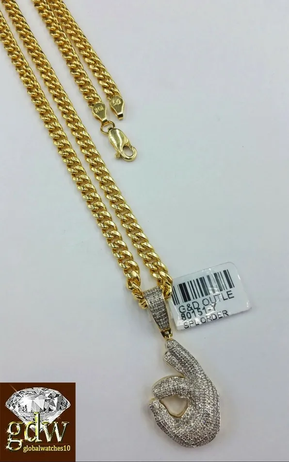 Gold and Diamond Real 10k Yellow Gold and Diamond Ok Hand Emoji Charm with 24 Miami Cuban Chain Charm Necklaces