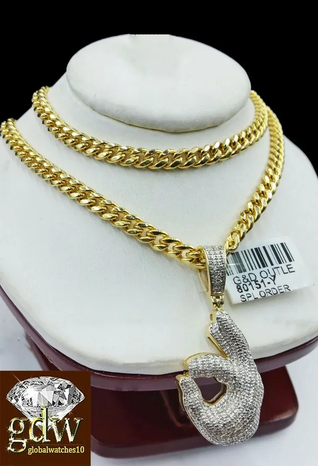 Gold and Diamond Real 10k Yellow Gold and Diamond Ok Hand Emoji Charm with 24 Miami Cuban Chain Charm Necklaces