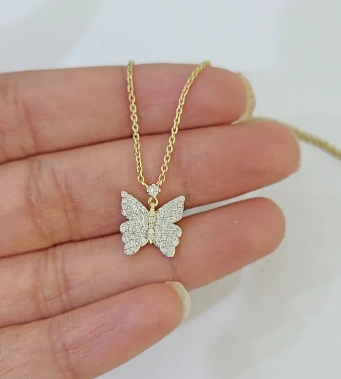 Gold and Diamond Real 10k Yellow Gold Butterfly Diamond Pendant Chain Necklace Set Women Necklaces