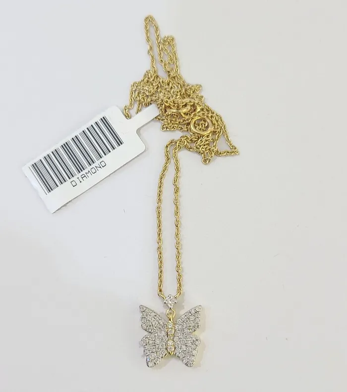 Gold and Diamond Real 10k Yellow Gold Butterfly Diamond Pendant Chain Necklace Set Women Necklaces
