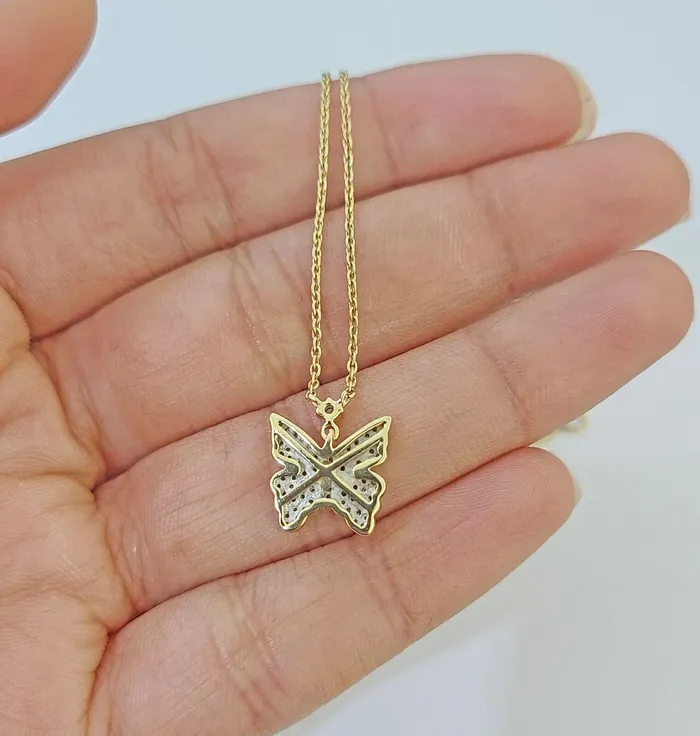 Gold and Diamond Real 10k Yellow Gold Butterfly Diamond Pendant Chain Necklace Set Women Necklaces