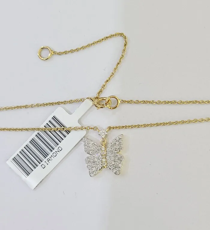 Gold and Diamond Real 10k Yellow Gold Butterfly Diamond Pendant Chain Necklace Set Women Necklaces