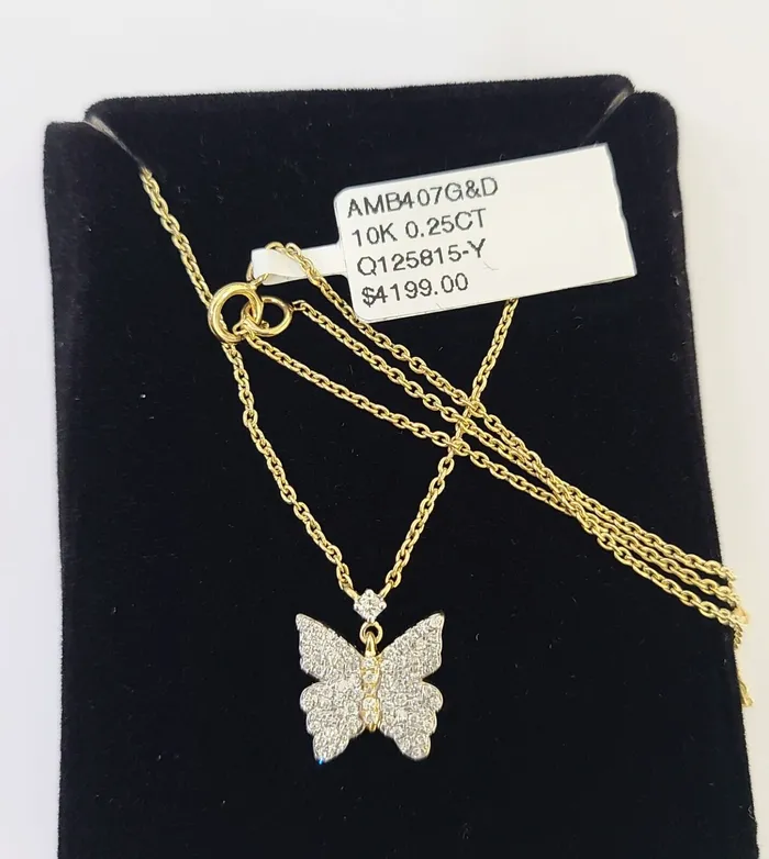 Gold and Diamond Real 10k Yellow Gold Butterfly Diamond Pendant Chain Necklace Set Women Necklaces